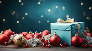 Weihnachtsbaum mit Geschenken und Christbaumkugeln, Feierkarten Hintergrund