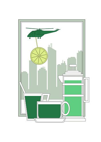 Green Tea, Helicopter and City Skyline