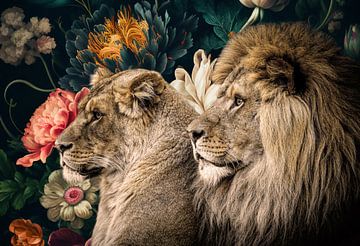 Prachtig leeuwen koppel in de bloemen van Marjolein van Middelkoop