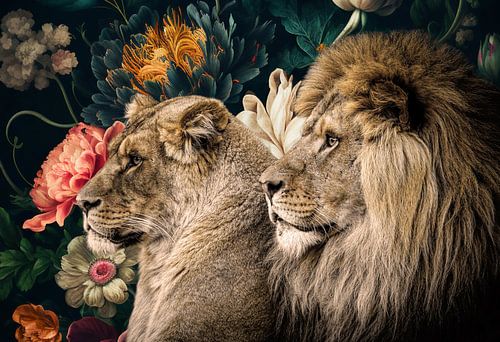 Beautiful lion couple in flowers by Marjolein van Middelkoop