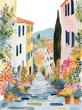 Watercolour: Market Scene in Italy – Mediterranean Old Town & Flowers by Niphion Art