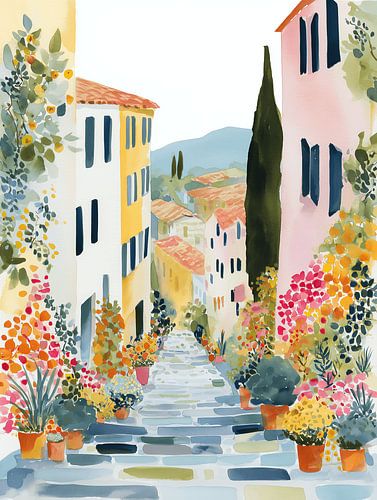 Watercolour: Market Scene in Italy – Mediterranean Old Town & Flowers