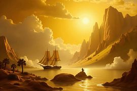 Segelschiff bei Sonnenuntergang in einer gebirgigen Bucht von Markus Gann