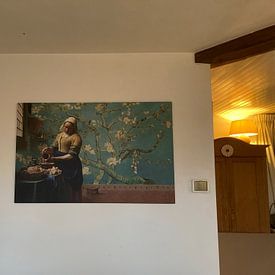 Customer photo: Milkmaid by Vermeer with Almond blossom wallpaper by Gogh by Lia Morcus, on canvas