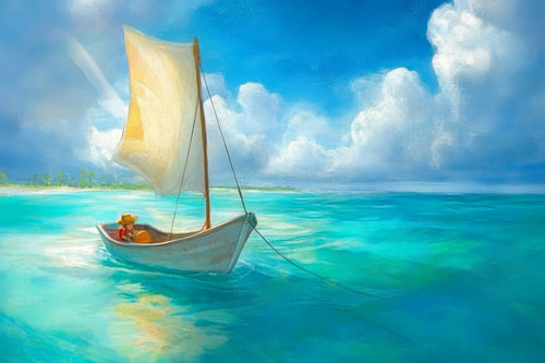 Painting of a sea landscape with a sailboat on the water