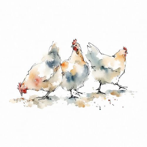 Three chickens in the yard (AI) (rural, soft, pastel, colours, Easter, painting)