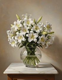 Lily Lilium longiflorum in a round transparent glass vase by Regan Frederick