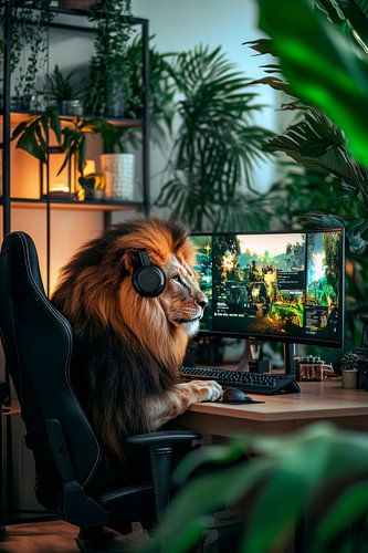 De spelende leeuw gamer