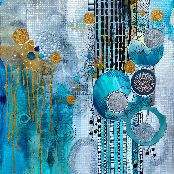 Abstract, schilderij, Blauw, wit en goud van Joriali Abstract