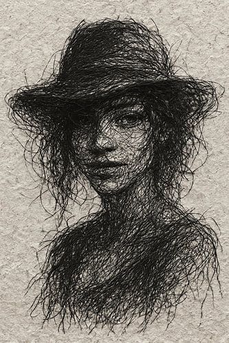 Mysterieuze jonge vrouw met hoed (draad portret op geschept papier stijlvol elegant mode tijdloos)