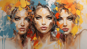 Abstraktes Porträt von drei Frauen im Aquarell-Acryl-Kunstdesign