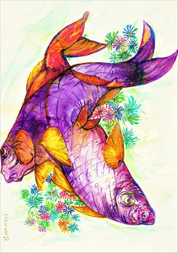 Art japonais/ Aquarelle de poisson peinte à la main.