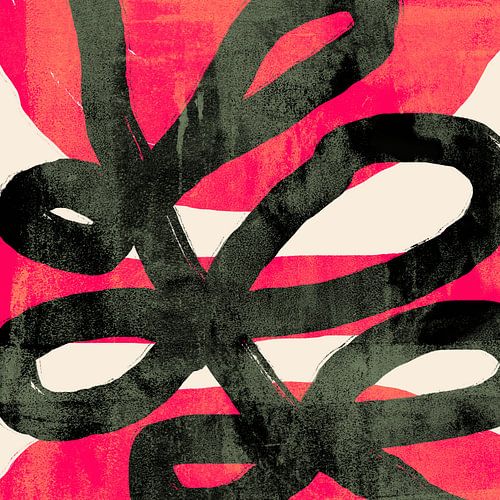 Zwarte bloemvormen op wit en rood. Modern kleurrijk abstract.