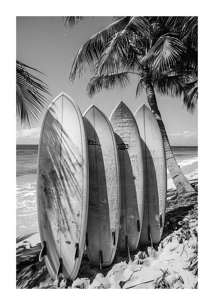 Surfboards on an idyllic tropical beach under palm trees by Poster Art Shop