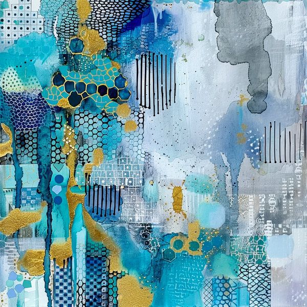 Abstract, schilderij, Blauw, wit en goud van Joriali Abstract