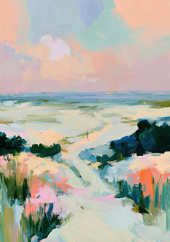 Abstract coastal landscape in pastel shades with a path through the dunes