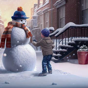 Kind baut einen Schneemann Gemälde Illustration 01 von Animaflora PicsStock