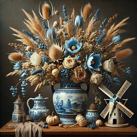Große delfterblaue Blumenvase mit getrockneten Blumen und Mühle - Klassisches Landstillleben von Kleurenrijk