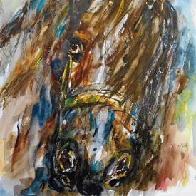 Abstract watercolour of a brown horse. Hand-painted. by Ineke de Rijk