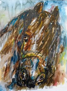 Abstraktes Aquarell eines braunen Pferdes. Handbemalt.