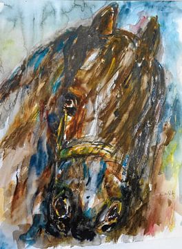 Abstracte aquarel van een bruin paard. Handgeschilderd. van Ineke de Rijk