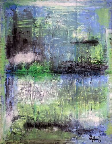 Vierkanten VII in blauw, groen, zwart en wit