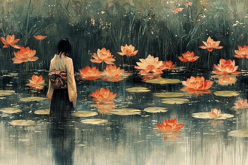 spirituele schilderkunst geisha waterlelies