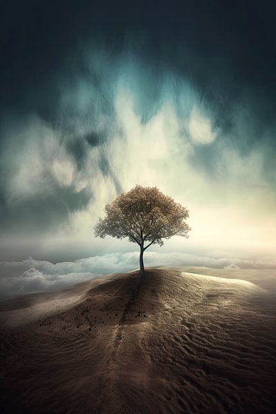 Eenzame boom in een surrealistisch landschap 2 van Digitale Schilderijen