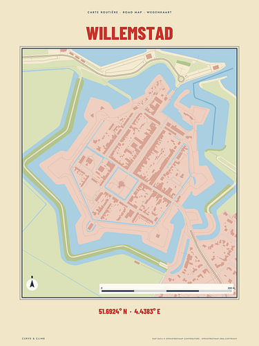 Kaart van Willemstad, retro wegenkaart