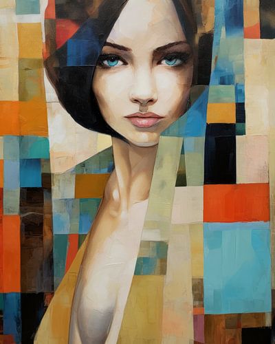 Kleurrijk portret met geometrische patronen.