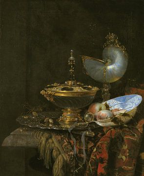 Pronk-Stillleben mit Holbein-Schale, Nautilus-Becher, Glaspokal und Obstschale, Willem Kalf