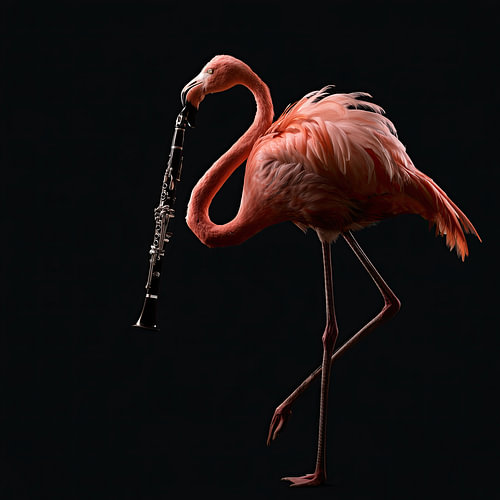 Flamant rose avec une clarinette