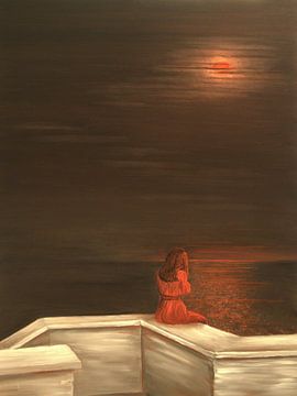 Rood zittende vrouw - Cala Ratjada havenpromenade - Romantiek van Edeltraut K. Schlichting