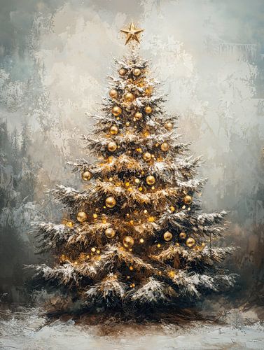 Golden Christmas Tree in Winter Landscape
