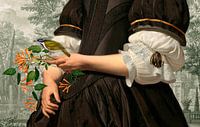 Dame in Schwarz, Spitze und mit Geißblatt