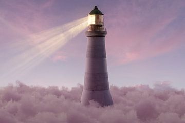 Phare avec lumière allumée sur des nuages roses dans une ambiance de soirée sur Besa Art