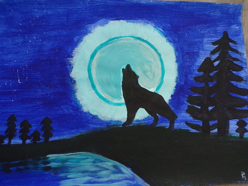 Wolf at full moon by Pauline Hein