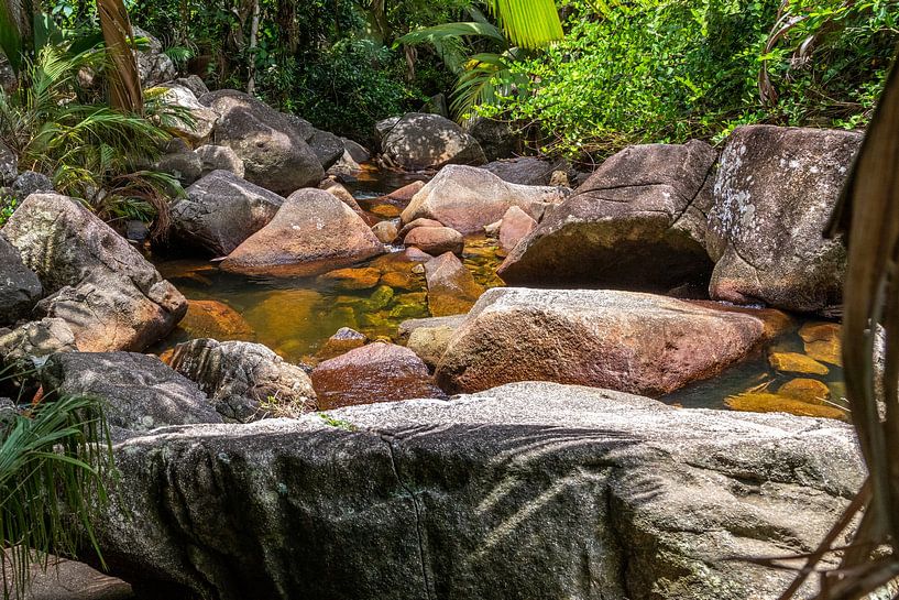 Waterpoel met granieten rotsen op het Seychellen eiland Mahé van Reiner Conrad