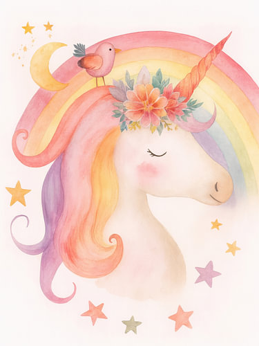 Pastel Unicorn with Rainbow Moon and Stars