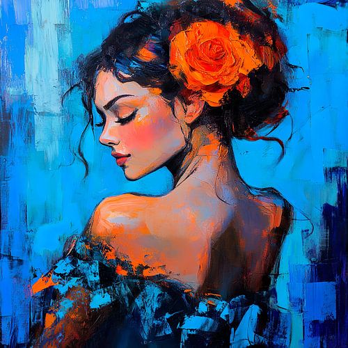 Vrouw met roos in aqua blauw en oranje