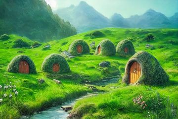 Green hills and hobbit houses of New Zealand illustration by Animaflora PicsStock