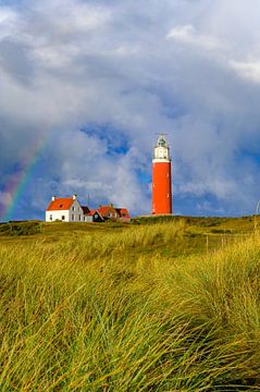 Texel Leuchtturm in den Dünen mit einem Regenbogen von Sjoerd van der Wal Fotografie