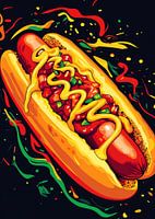 Felgekleurde hotdog met toppings en sauzen