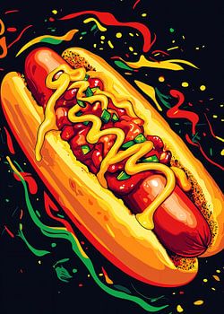 Brightly coloured hotdog with toppings and sauces