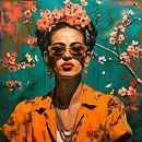 Portret in oker with pink cherryblossoms van Bianca ter Riet thumbnail