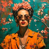 Portret in oker with pink cherryblossoms