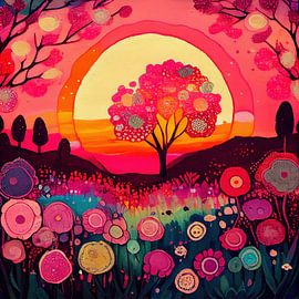 Folk Sunset Blossoming Tree by Chromatic Fusion Studio