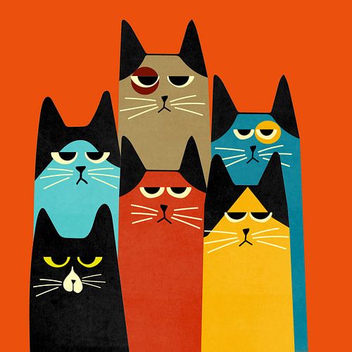 A portrait of 6 coloured cats with a retro look.