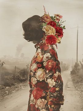 Vintage portret met bloemen collage van Carla Van Iersel