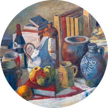 Stilleven schilderij met kannen, kruiken, flessen en boeken van Galerie Ringoot